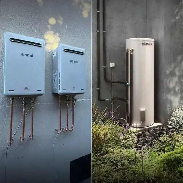 Gas continuous flow hot water units and storage tank installed and connected